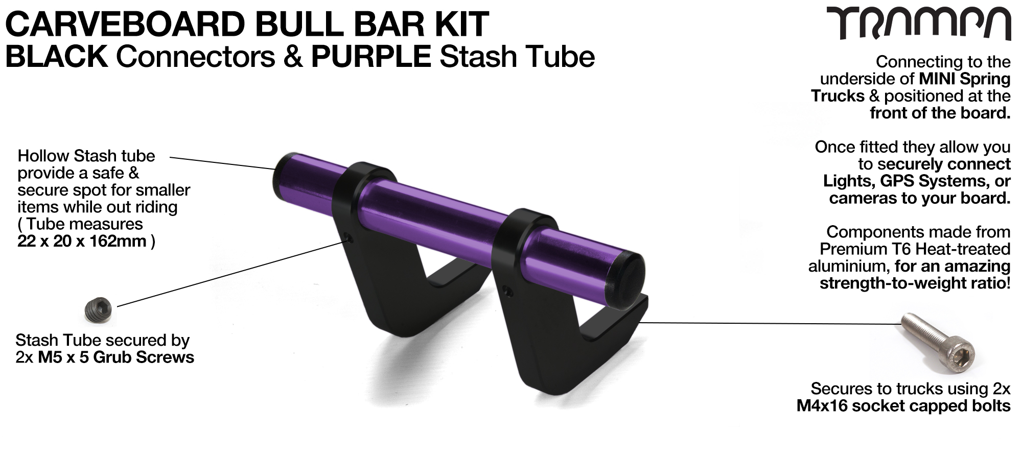 BLACK Uprights & PURPLE Crossbar BULL BARS for CARVE BOARDS using T6 Heat Treated CNC'd AluminIum Clamps, Hollow Aluminium Stash Tubes with Rubber end bungs 