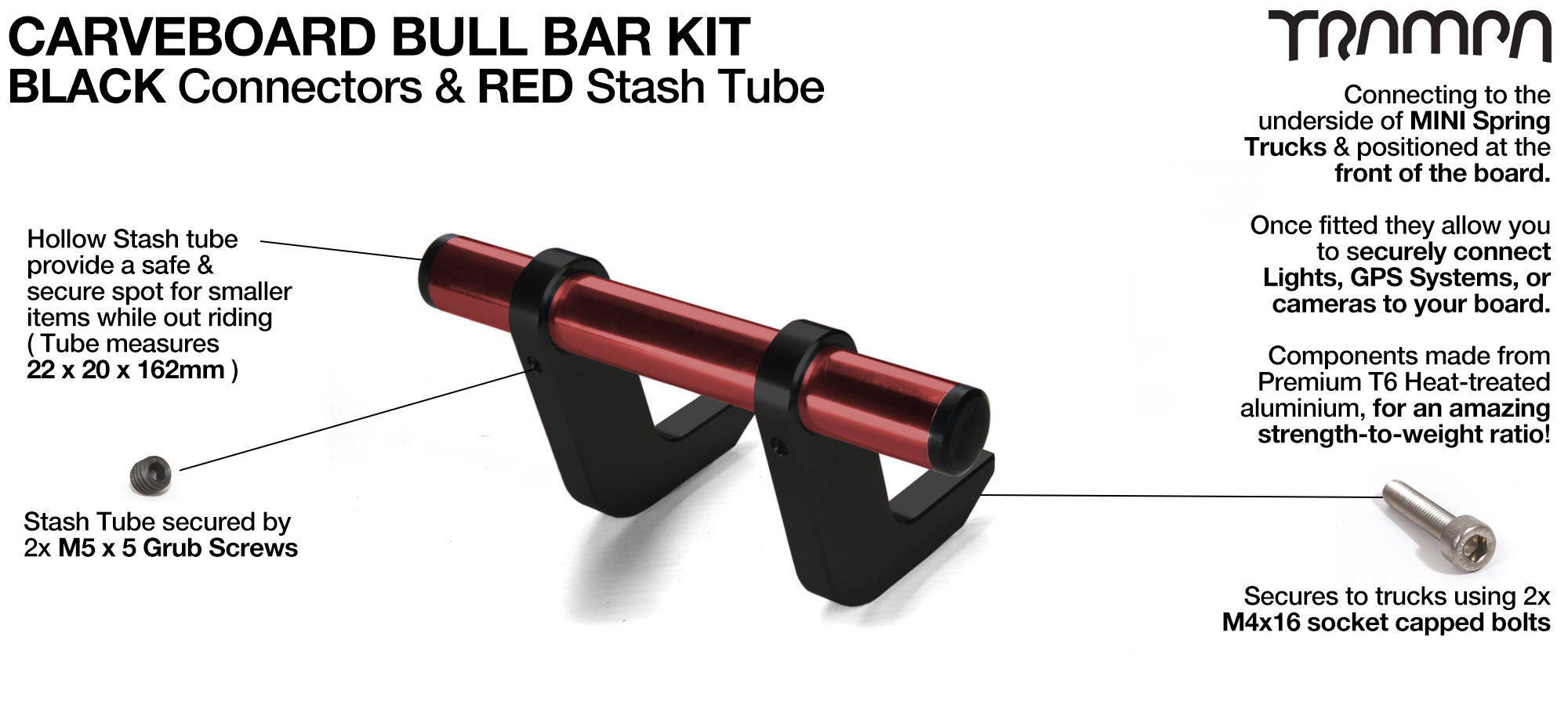 BLACK Uprights & RED Crossbar BULL BARS for CARVE BOARDS using T6 Heat Treated CNC'd AluminIum Clamps, Hollow Aluminium Stash Tubes with Rubber end bungs 