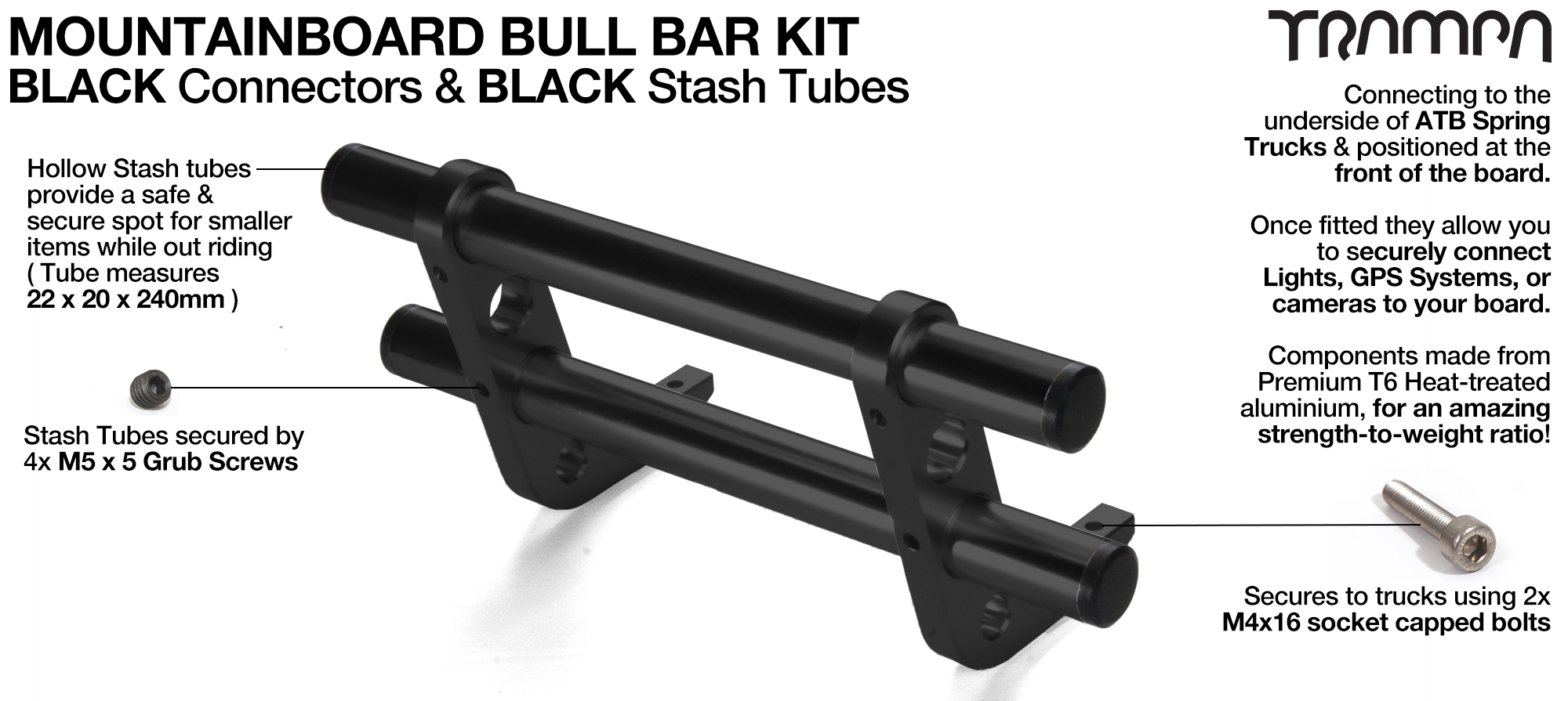 BLACK Uprights & BLACK Crossbar BULL BARS for MOUNTAINBOARDS T6 Heat Treated CNC'd Aluminium Uprights, with Hollow Aluminium Stash Tubes with Rubber end bungs