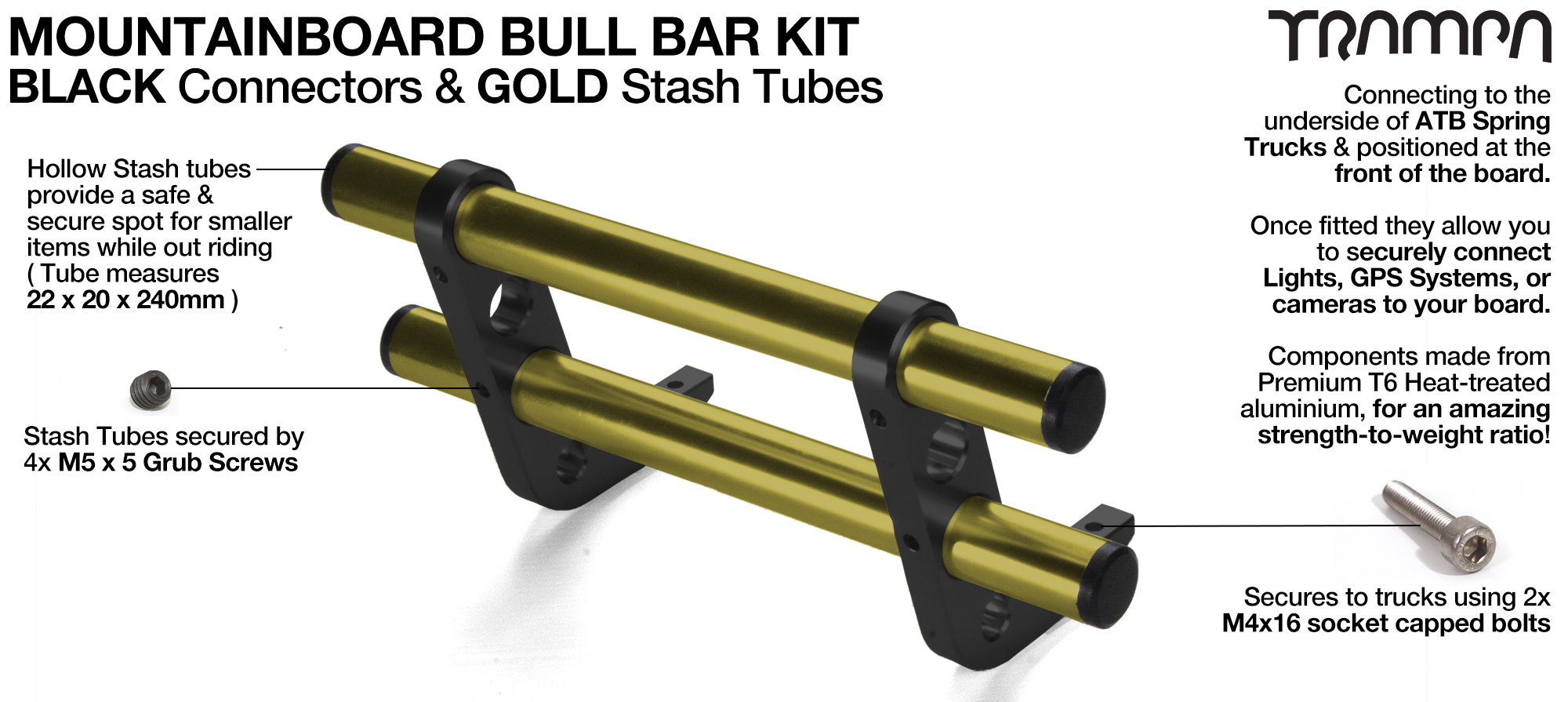 BLACK Uprights & GOLD Crossbar BULL BARS for MOUNTAINBOARDS using T6 Heat Treated CNC'd AluminIum Clamps, Hollow Aluminium Stash Tubes with Rubber end bungs 