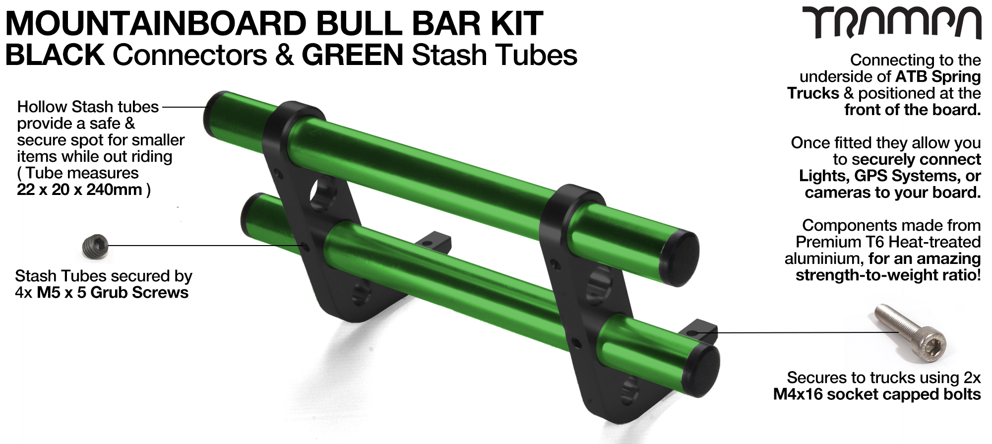 BLACK Uprights & GREEN Crossbar BULL BARS for MOUNTAINBOARDS using T6 Heat Treated CNC'd AluminIum Clamps, Hollow Aluminium Stash Tubes with Rubber end bungs  