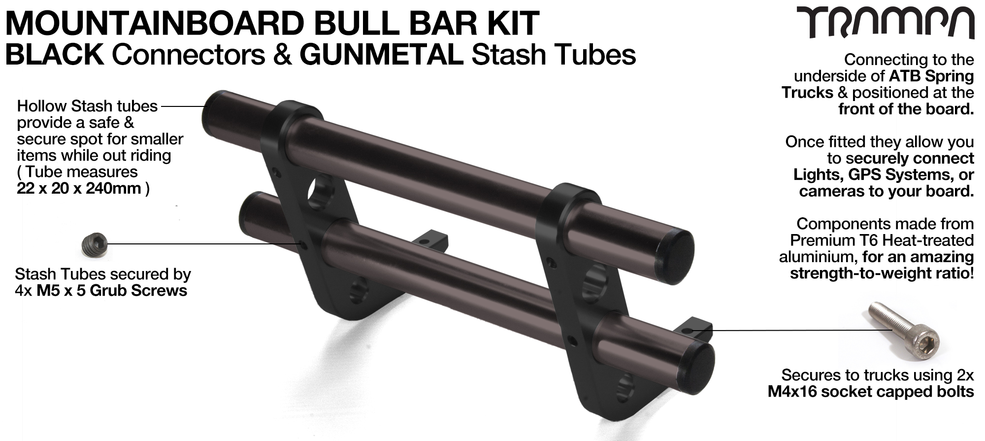 BLACK Uprights & GUNMETAL Crossbar BULL BARS for MOUNTAINBOARDS using T6 Heat Treated CNC'd AluminIum Clamps, Hollow Aluminium Stash Tubes with Rubber end bungs  