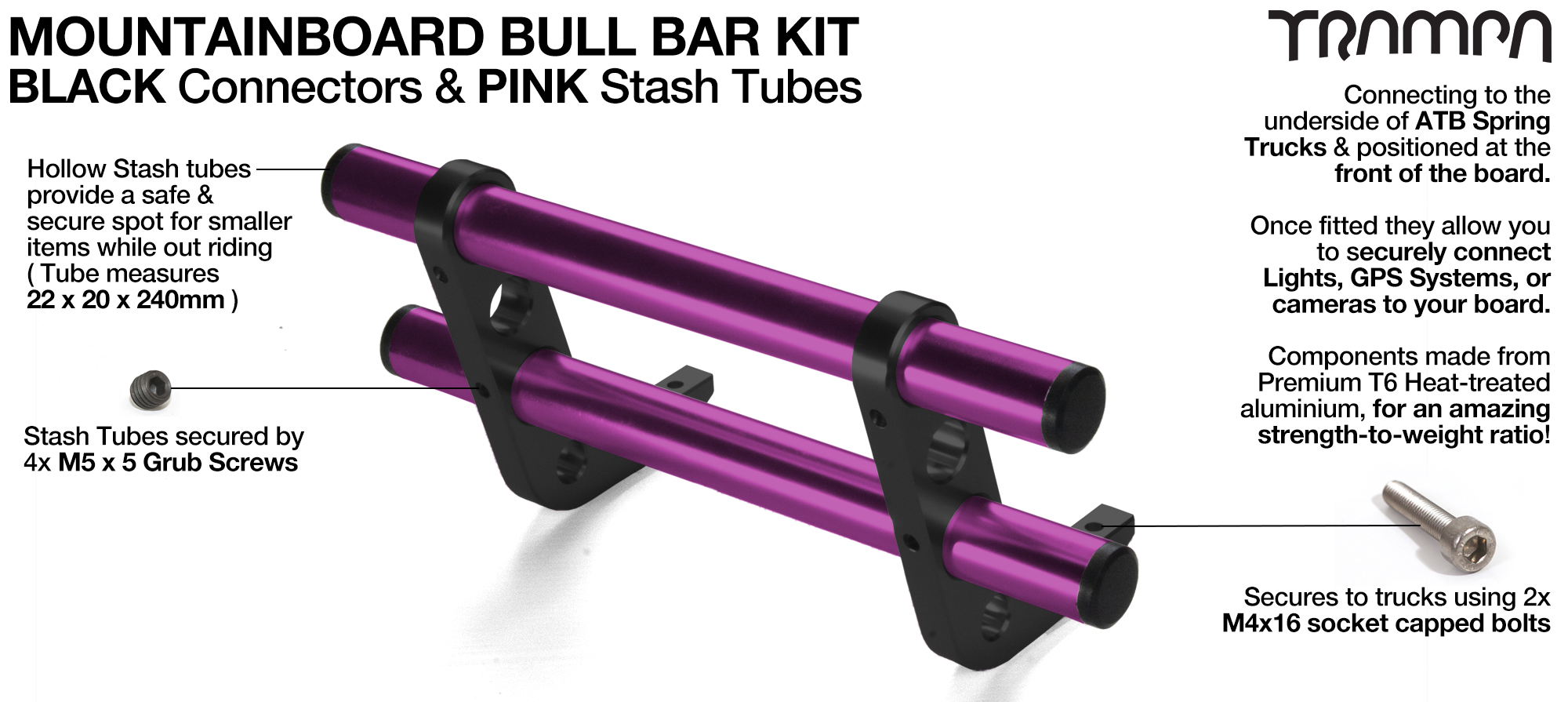 BLACK Uprights  &PINK Crossbar BULL BARS for MOUNTAINBOARDS using T6 Heat Treated CNC'd AluminIum Clamps, Hollow Aluminium Stash Tubes with Rubber end bungs 