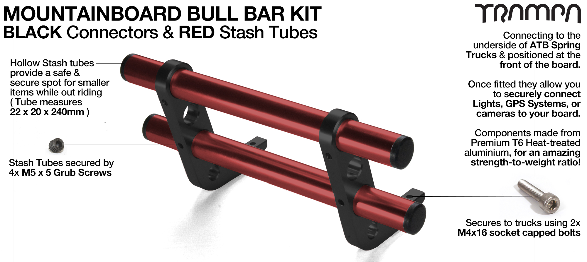 BLACK Uprights & RED Crossbar BULL BARS for MOUNTAINBOARDS using T6 Heat Treated CNC'd AluminIum Clamps, Hollow Aluminium Stash Tubes with Rubber end bungs 