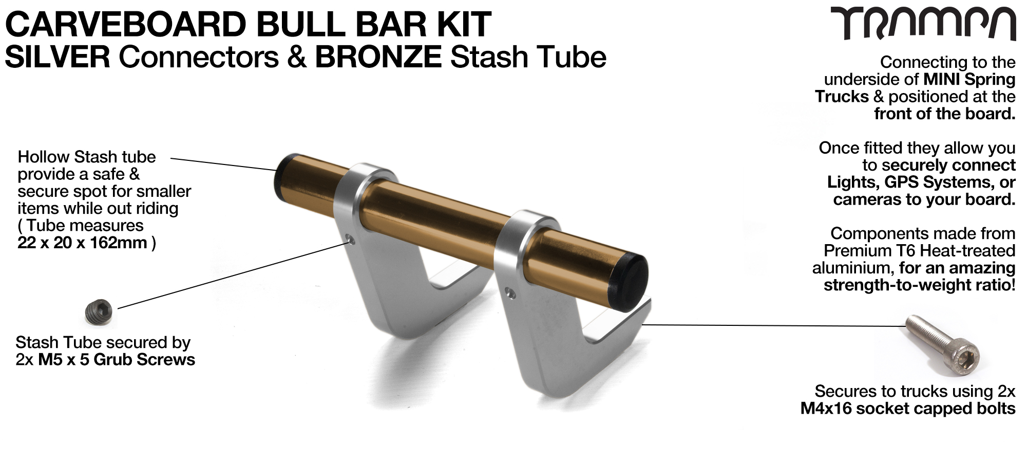 SILVER Uprights & BRONZE Crossbar BULL BARS for CARVE BOARDS using T6 Heat Treated CNC'd Aluminum Clamps, Hollow Aluminium Stash Tubes with Rubber end bungs 