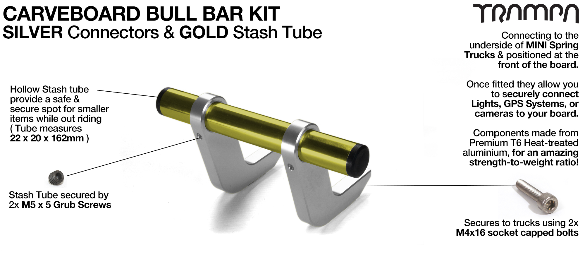 SILVER Uprights & GOLD Crossbar BULL BARS for CARVE BOARDS using T6 Heat Treated CNC'd Aluminum Clamps, Hollow Aluminium Stash Tubes with Rubber end bungs