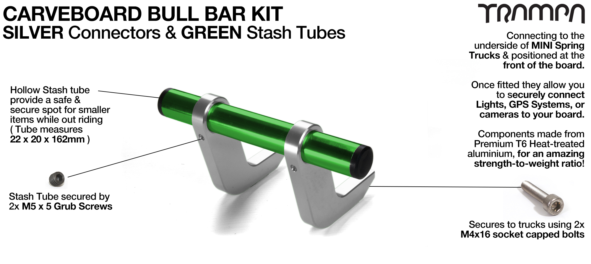 SILVER Uprights & GREEN Crossbar BULL BARS for CARVE BOARDS using T6 Heat Treated CNC'd Aluminum Clamps, Hollow Aluminium Stash Tubes with Rubber end bungs 