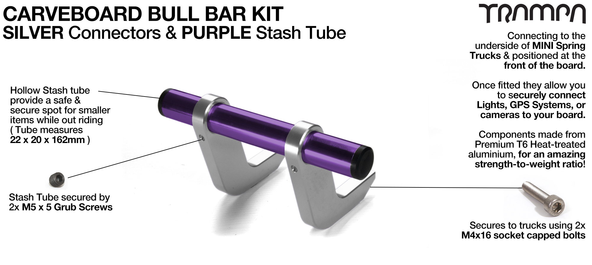 SILVER Uprights & PURPLE Crossbar BULL BARS for CARVE BOARDS using T6 Heat Treated CNC'd Aluminum Clamps, Hollow Aluminium Stash Tubes with Rubber end bungs  