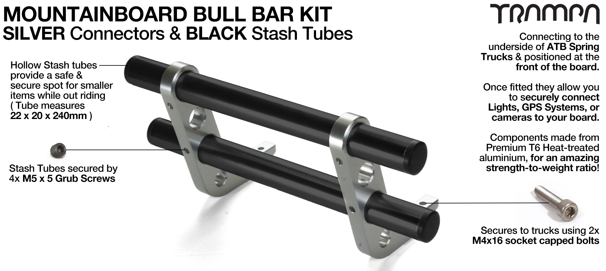 SILVER Uprights & BLACK Crossbar BULL BARS for MOUNTAINBOARDS T6 Heat Treated CNC'd Aluminium Uprights, with Hollow Aluminium Stash Tubes with Rubber end bungs 
