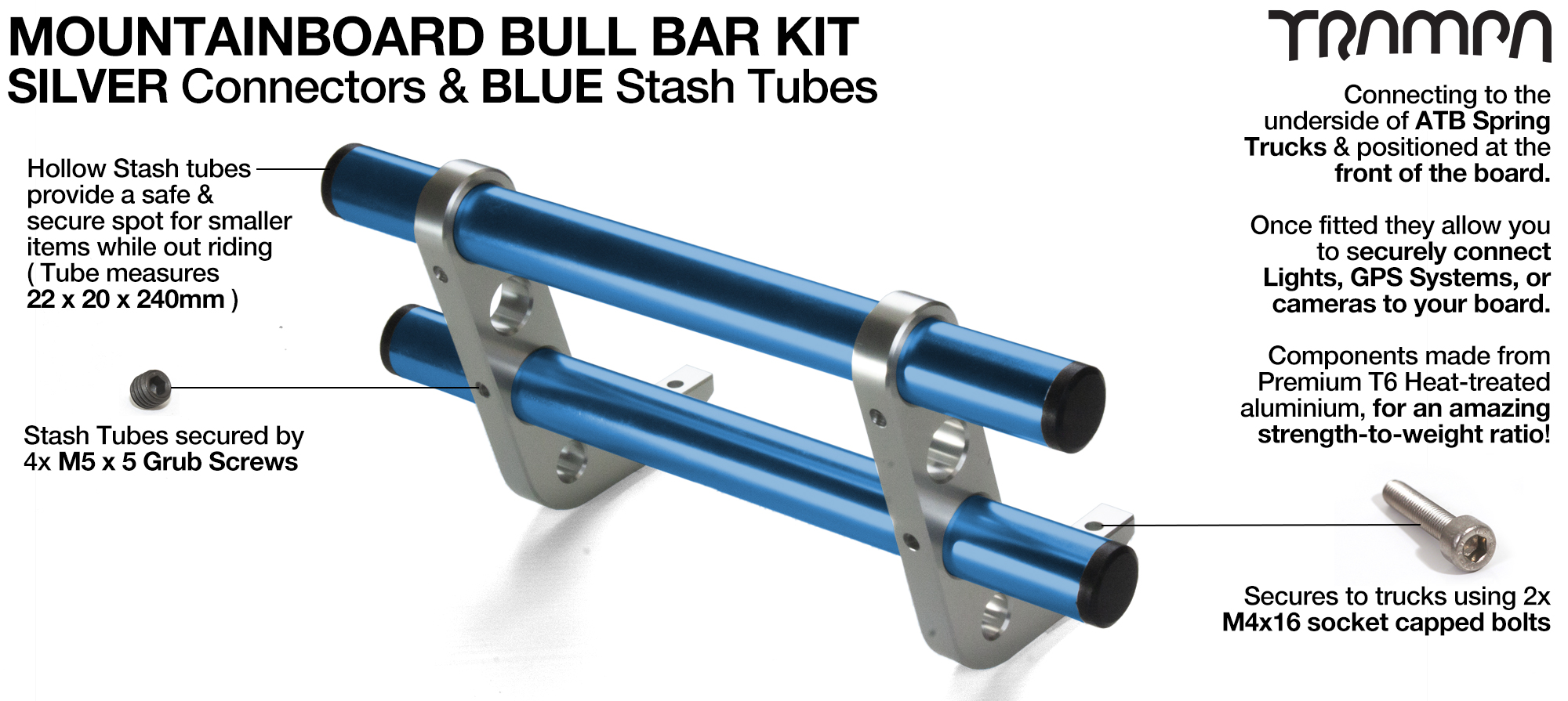 SILVER Uprights & BLUE Crossbar BULL BARS for MOUNTAINBOARDS T6 Heat Treated CNC'd Aluminium Uprights, with Hollow Aluminium Stash Tubes with Rubber end bungs  