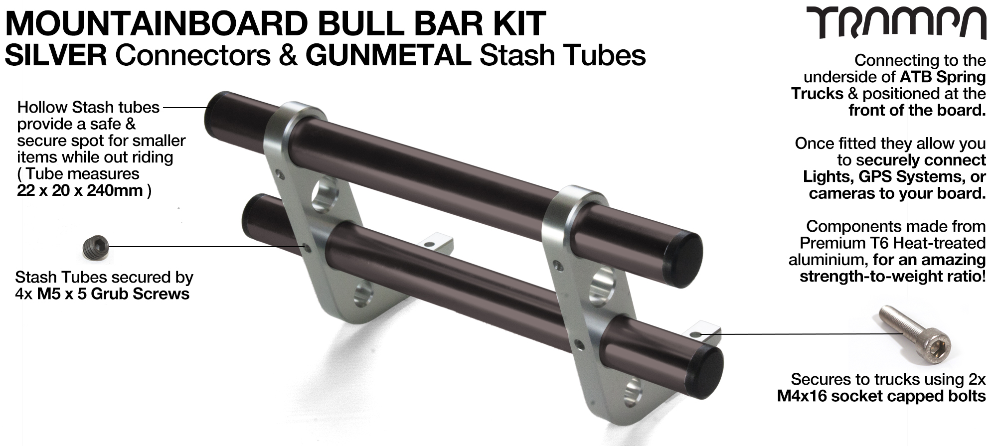 SILVER Uprights & GUNMETAL Crossbar BULL BARS for MOUNTAINBOARDS T6 Heat Treated CNC'd Aluminium Uprights, with Hollow Aluminium Stash Tubes with Rubber end bungs 