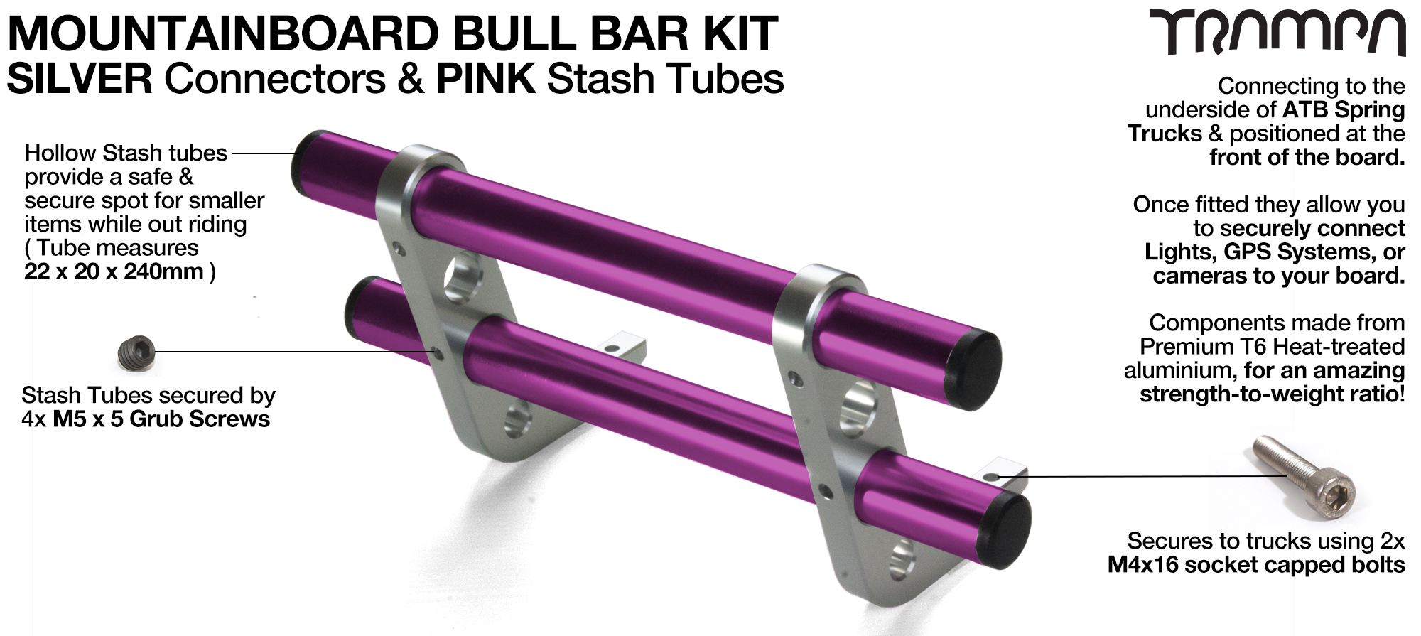 SILVER Uprights & PINK Crossbar BULL BARS for MOUNTAINBOARDS T6 Heat Treated CNC'd Aluminium Uprights, with Hollow Aluminium Stash Tubes with Rubber end bungs 