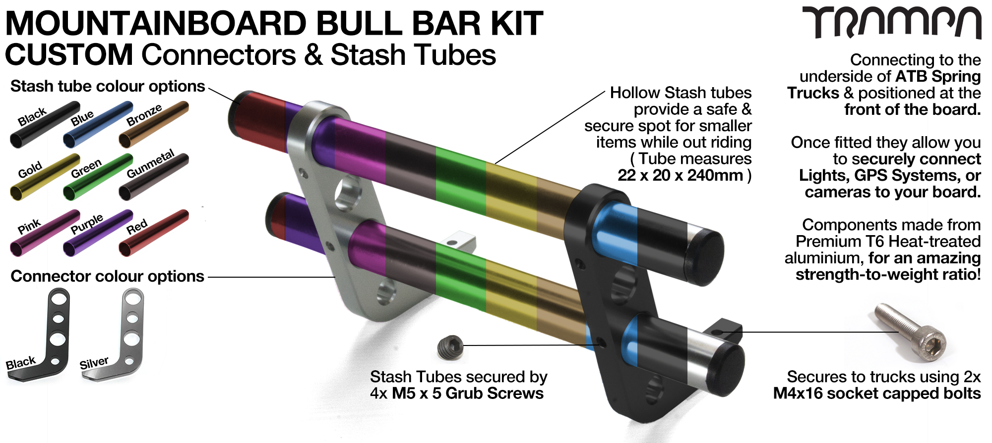 CUSTOM BULL BARS for MOUNTAINBOARDS - T6 Heat Treated CNC'd Aluminium Uprights, with Hollow Aluminium Stash Tubes with Rubber end bungs