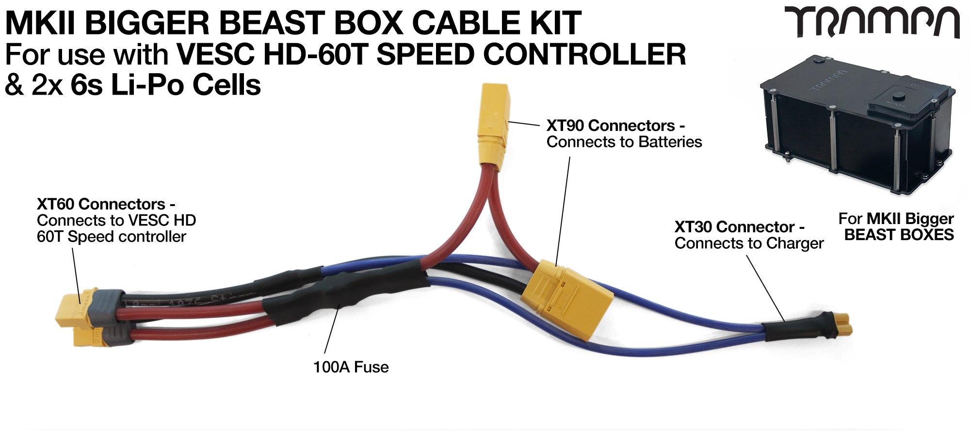 MKII Bigger BEAST BOX Cable Kit - used when fitting 1x VESC HD-60T & 2x 6sLi-Po Cells