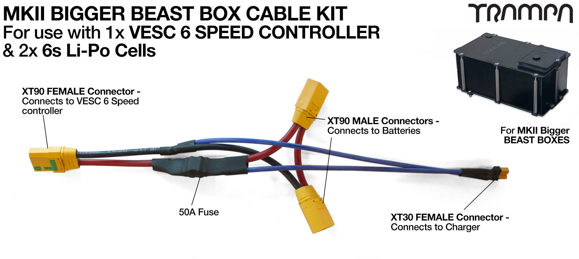 MKII Bigger BEAST BOX Cable Kit - used when fitting 1x VESC 6 MKV & 2x 6sLi-Po Cells