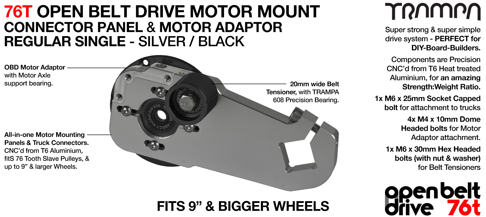 76T Open Belt Drive Motor Mount & Motor Adaptor - SINGLE SILVER