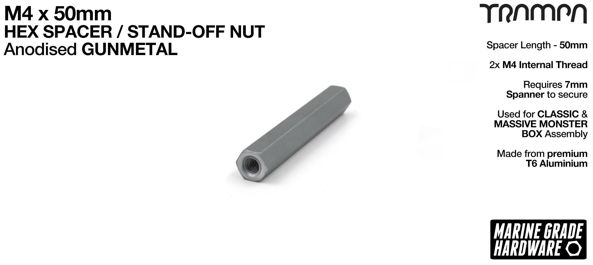 M4 x 50mm Aluminium Threaded HEX Spacer Nut used for assembling the MONSTER Battery Boxes - GUNMETAL