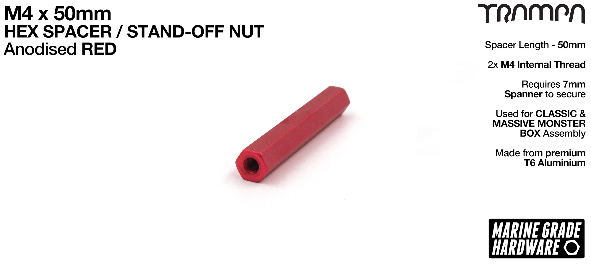 M4 x 50mm Aluminium Threaded HEX Spacer Nut used for assembling the MONSTER Battery Boxes - RED