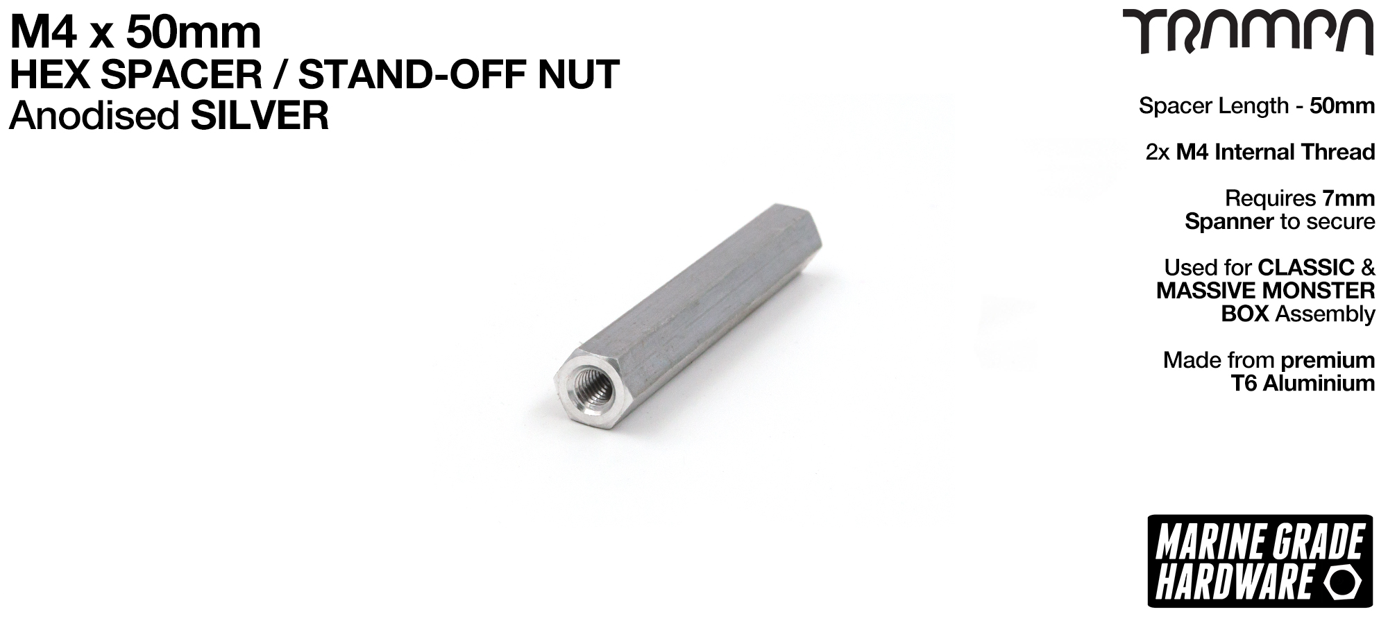 M4 x 50mm Aluminium Threaded HEX Spacer Nut used for assembling the MONSTER Battery Boxes - SILVER