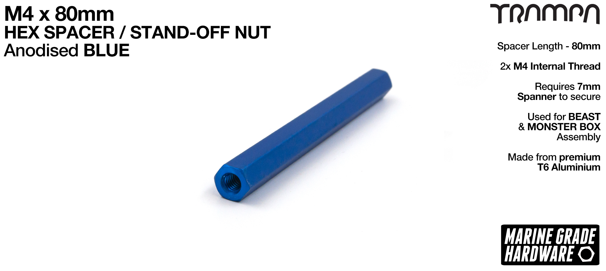 M4 x 80mm Aluminium Threaded Spacer Nut Used for assembling the BEAST Battery Boxes - BLUE