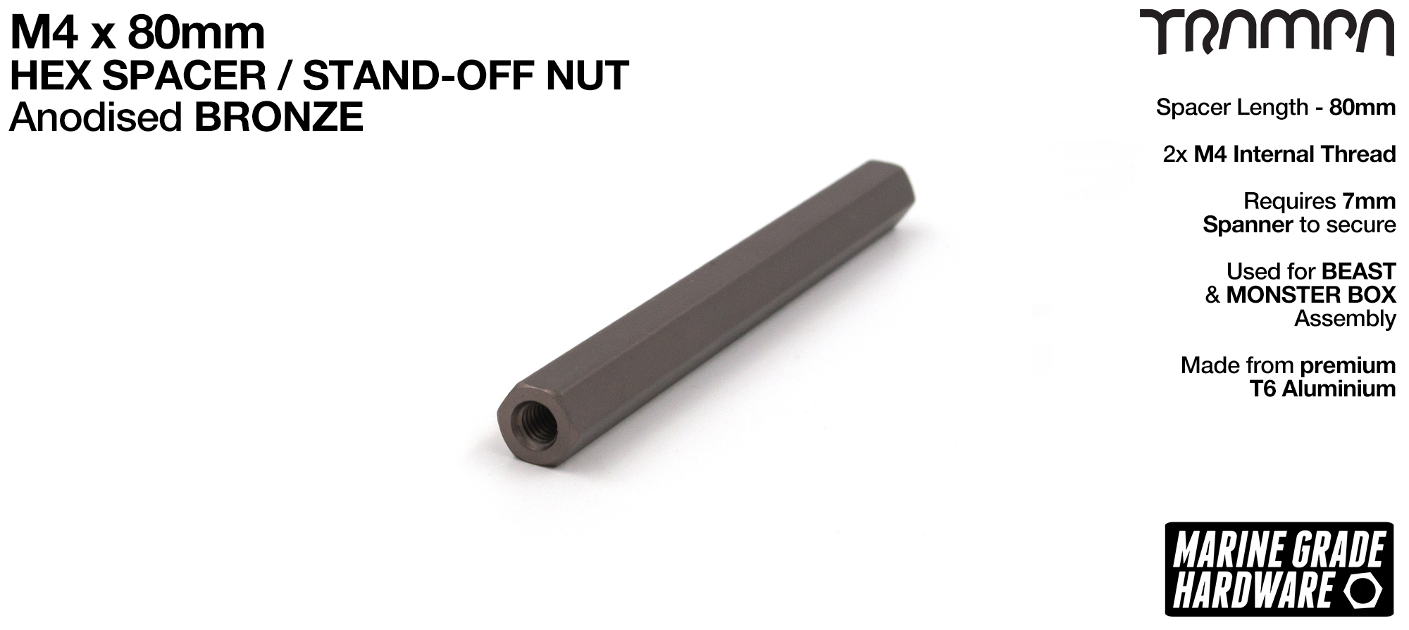 M4 x 80mm Aluminium Threaded Spacer Nut Used for assembling the BEAST Battery Boxes - BRONZE