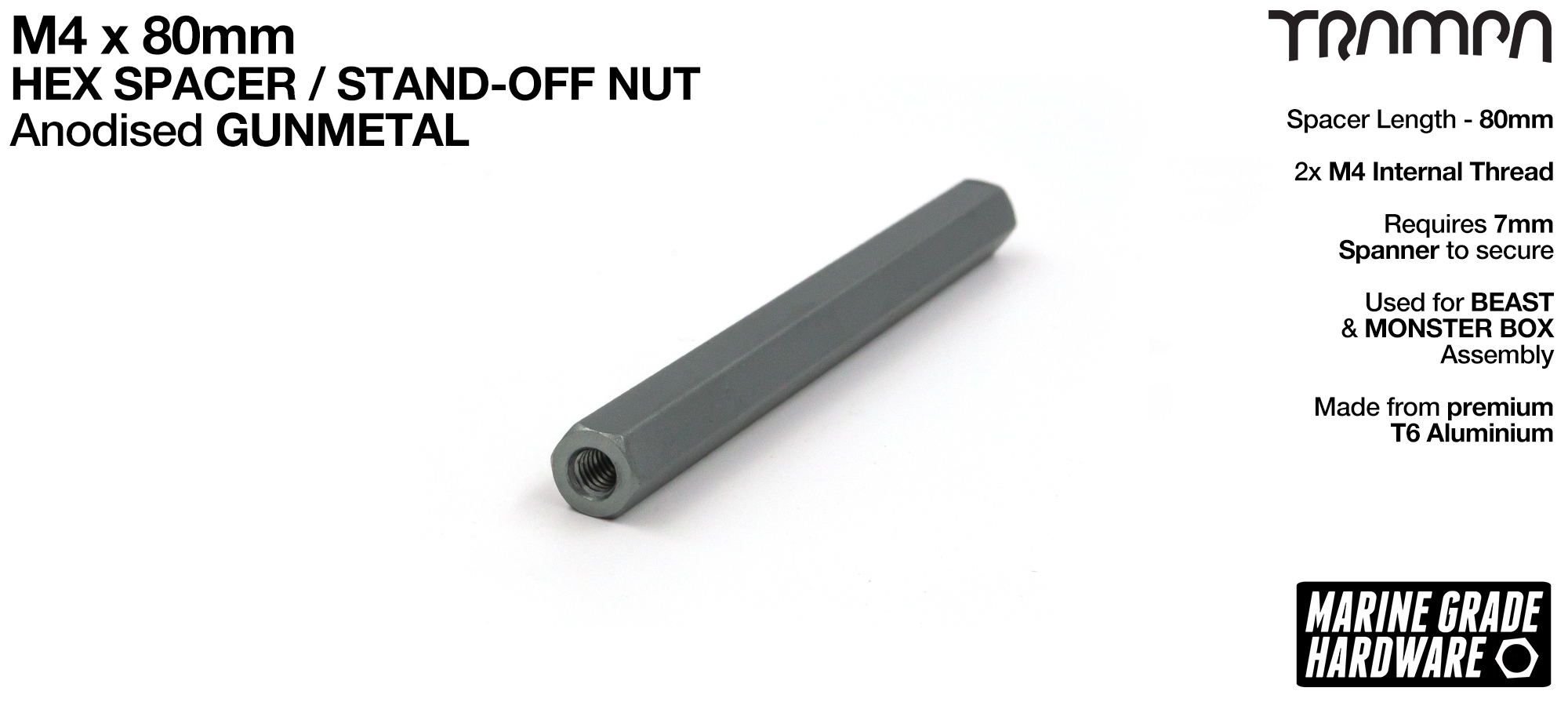 M4 x 80mm Aluminium Threaded Spacer Nut Used for assembling the BEAST Battery Boxes - GUNMETAL