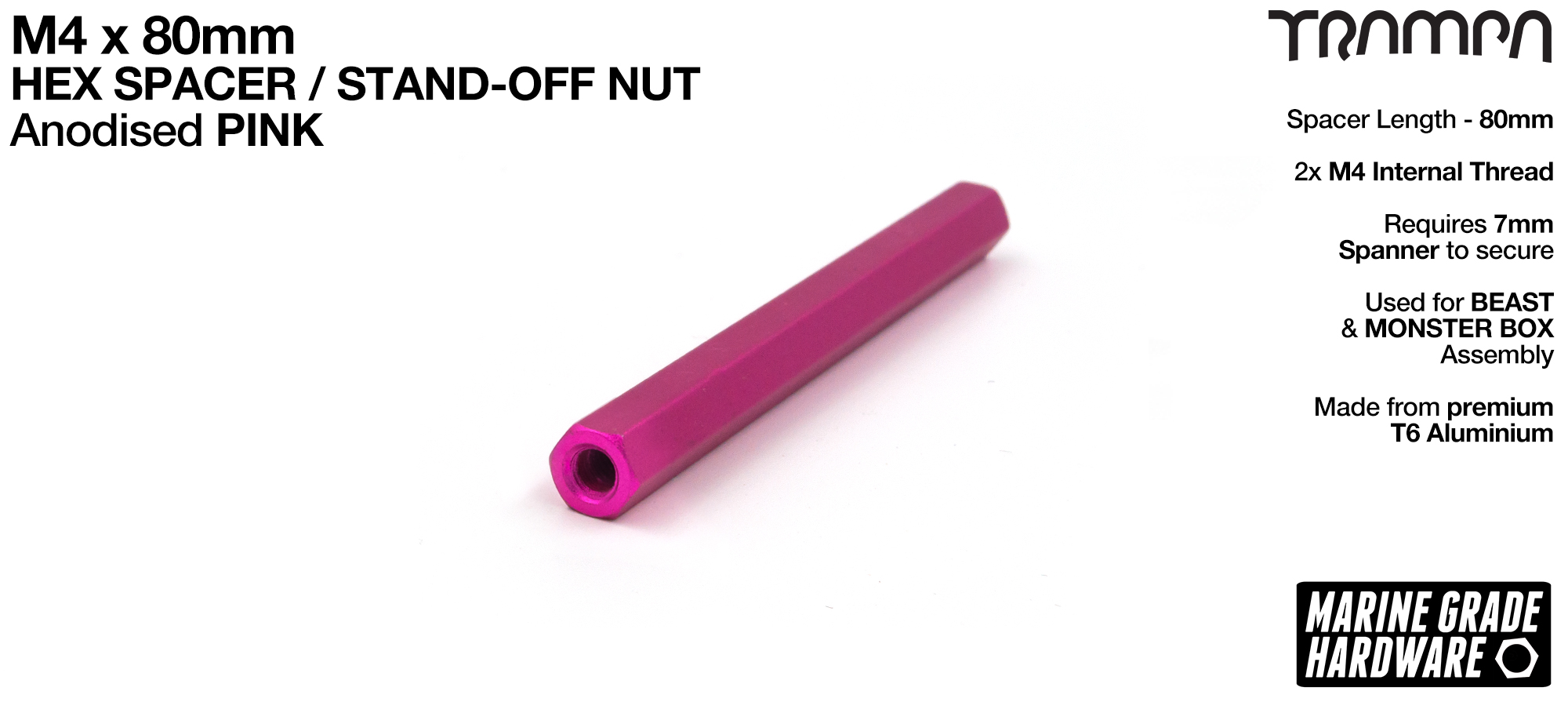 M4 x 80mm Aluminium Threaded Spacer Nut Used for assembling the BEAST Battery Boxes - PINK