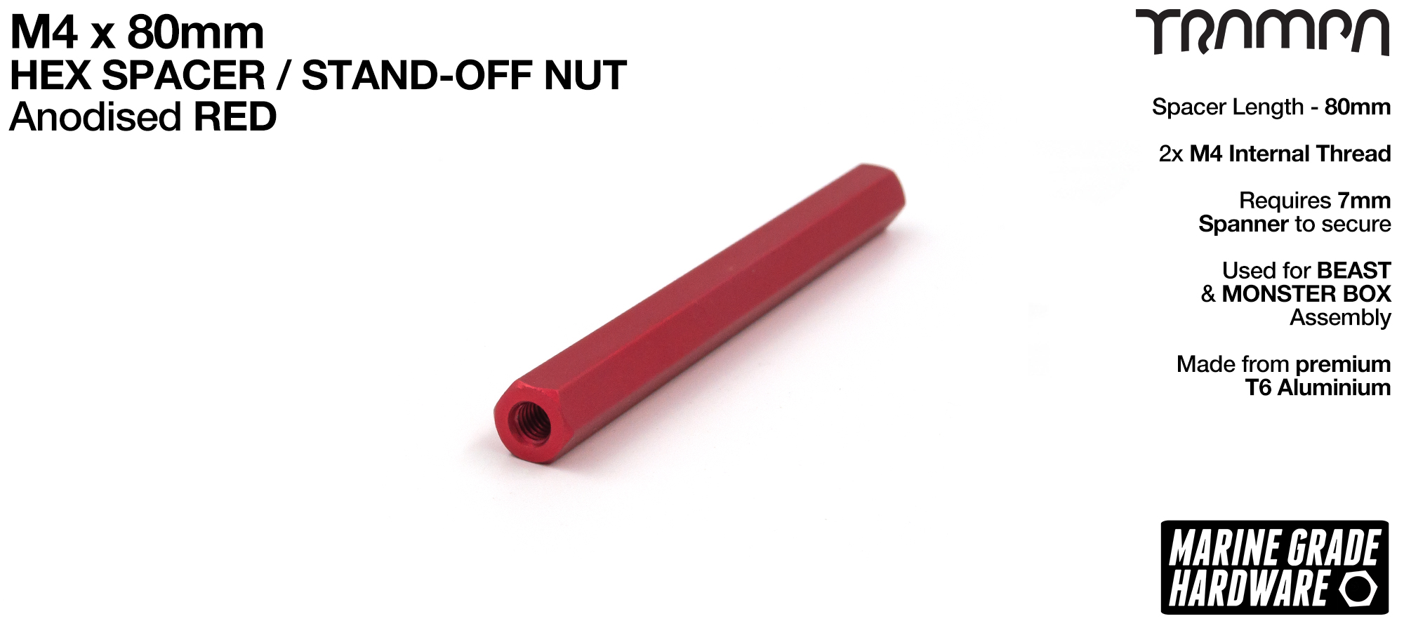 M4 x 80mm Aluminium Threaded Spacer Nut Used for assembling the BEAST Battery Boxes - RED