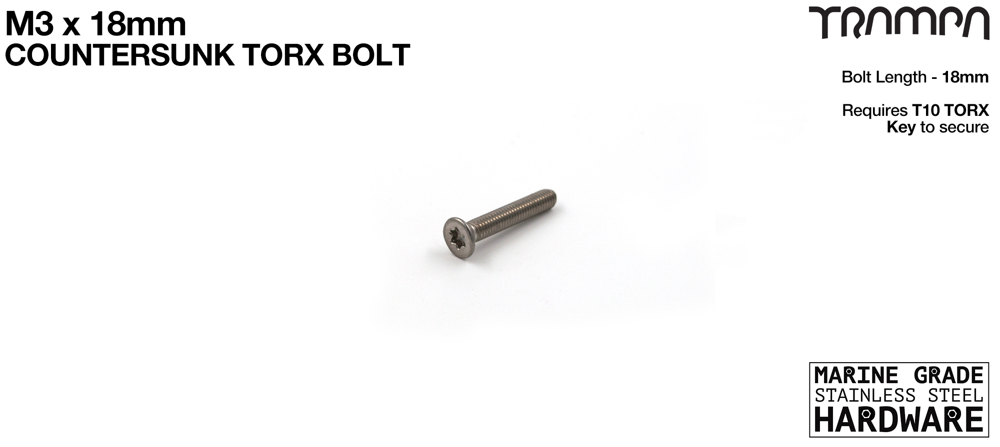 M3 x 18mm TORX Countersunk Head Bolt Marine Grade Stainless Steel 