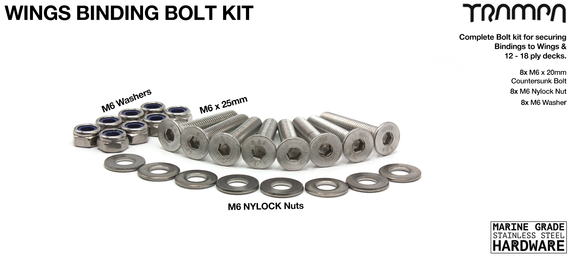 Bindings Bolt Kit M6x35mm to fit with the WINGS M6 Marine Grade Stainless Steel Countersunk Binding Bolt Kit to fit the WINGS