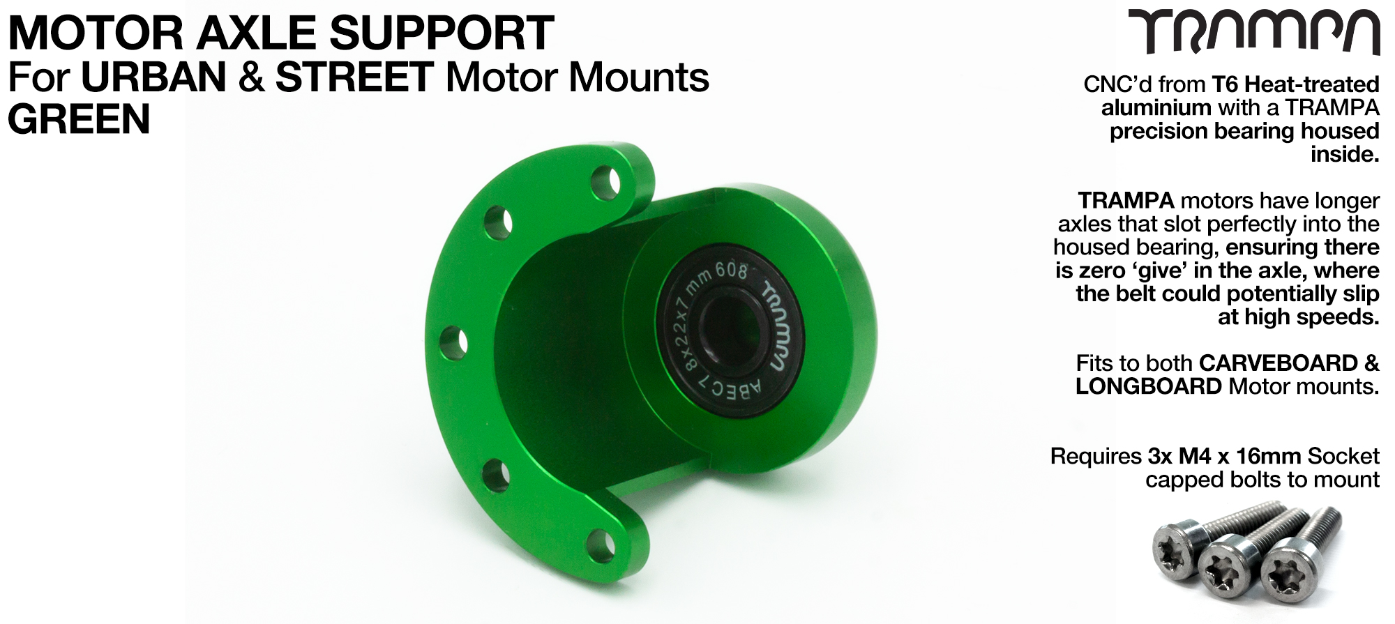 Motor Axle Support Housing with TRAMPA R608 8x22x7mm Bearing, C-Clip & Stainless Steel fixing Bolts for Mini Spring Truck MKII CARVE Motor Mounts UNIVERSAL - GREEN