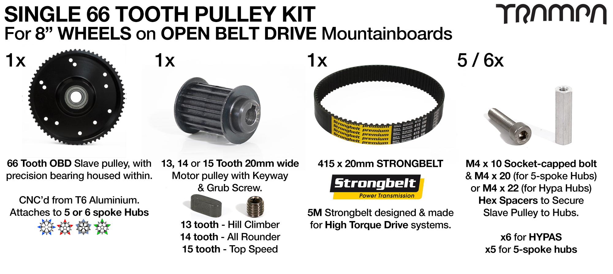 66T Open Belt Drive 8 Inch Wheel 66 Tooth Pulley Kit with 415mm x 20mm Belt for 8 Inch Wheels - SINGLE