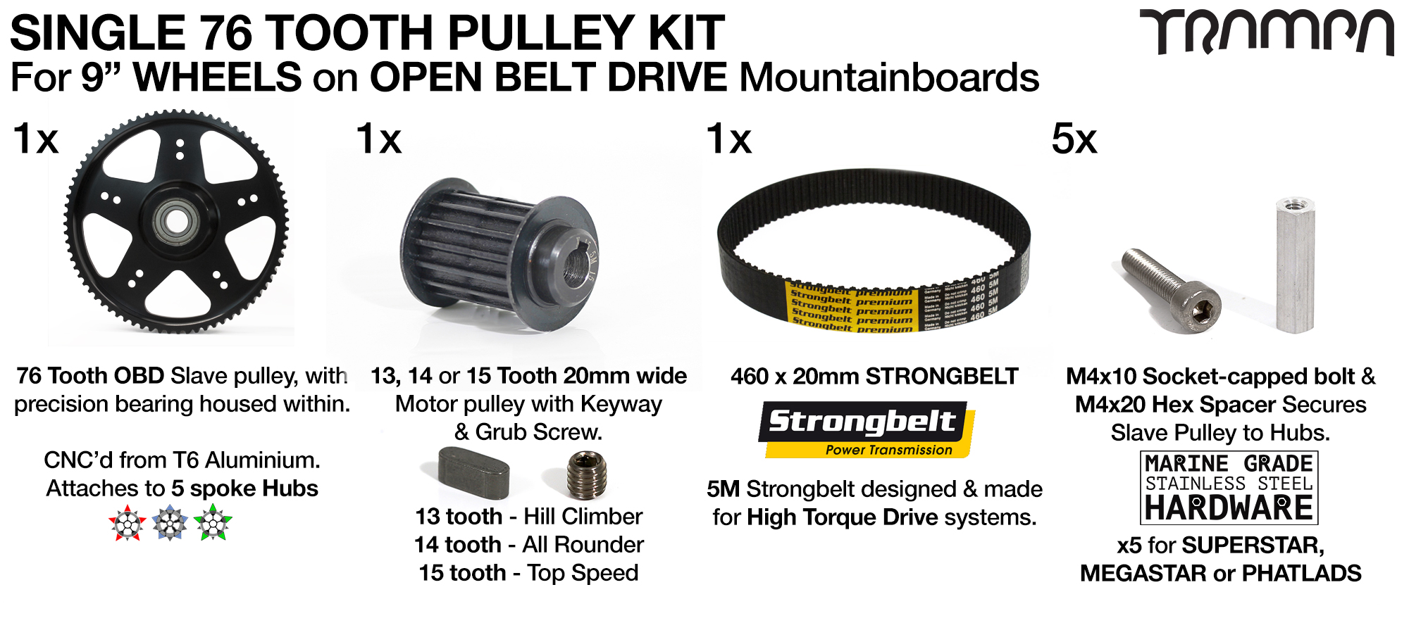 76T Open Belt Drive 76 Tooth Pulley Kit with 460mm x 20mm Belt for 9 Inch Wheels HIGH TORQUE - SINGLE