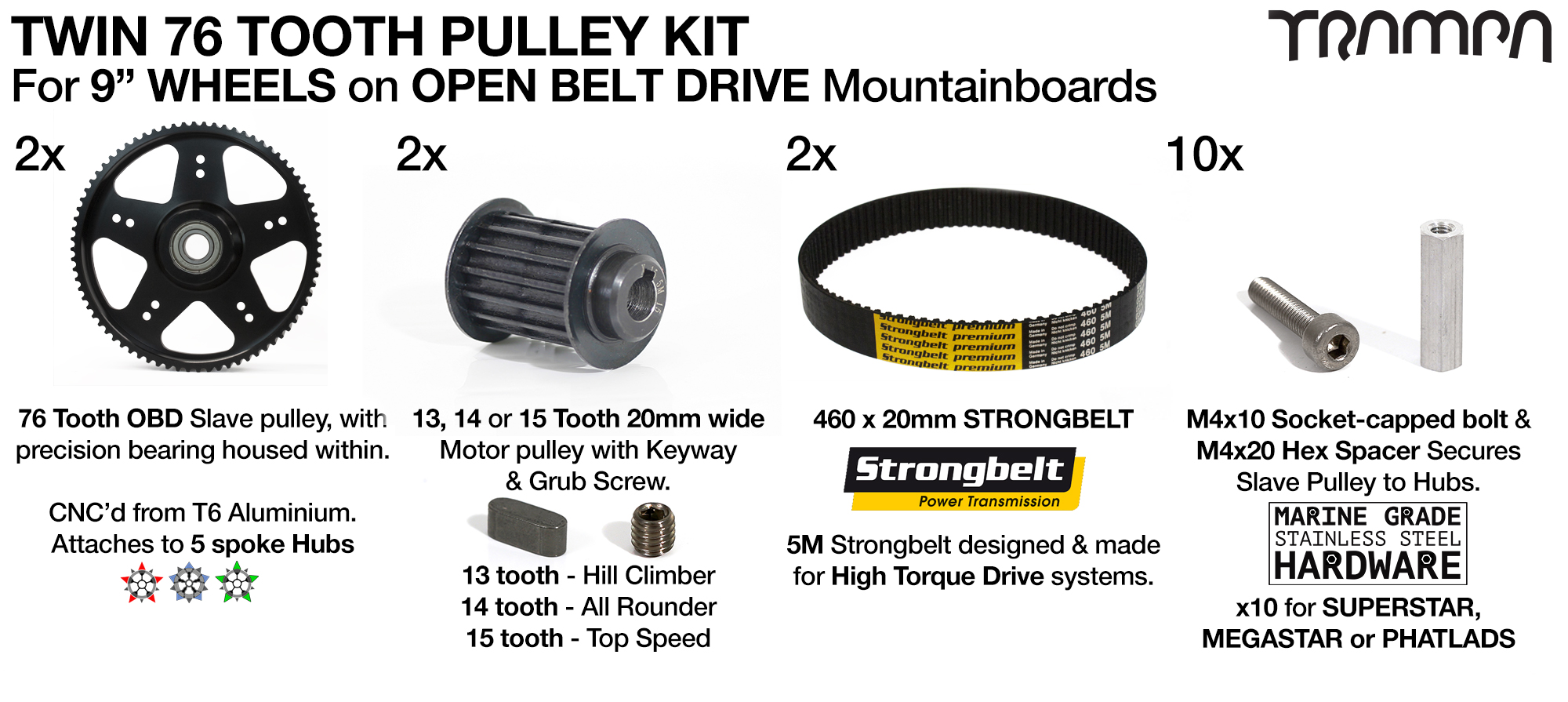 76T Open Belt Drive 76 Tooth Pulley Kit with 460mm x 20mm Belt for 9 Inch Wheels HIGH TORQUE - TWIN