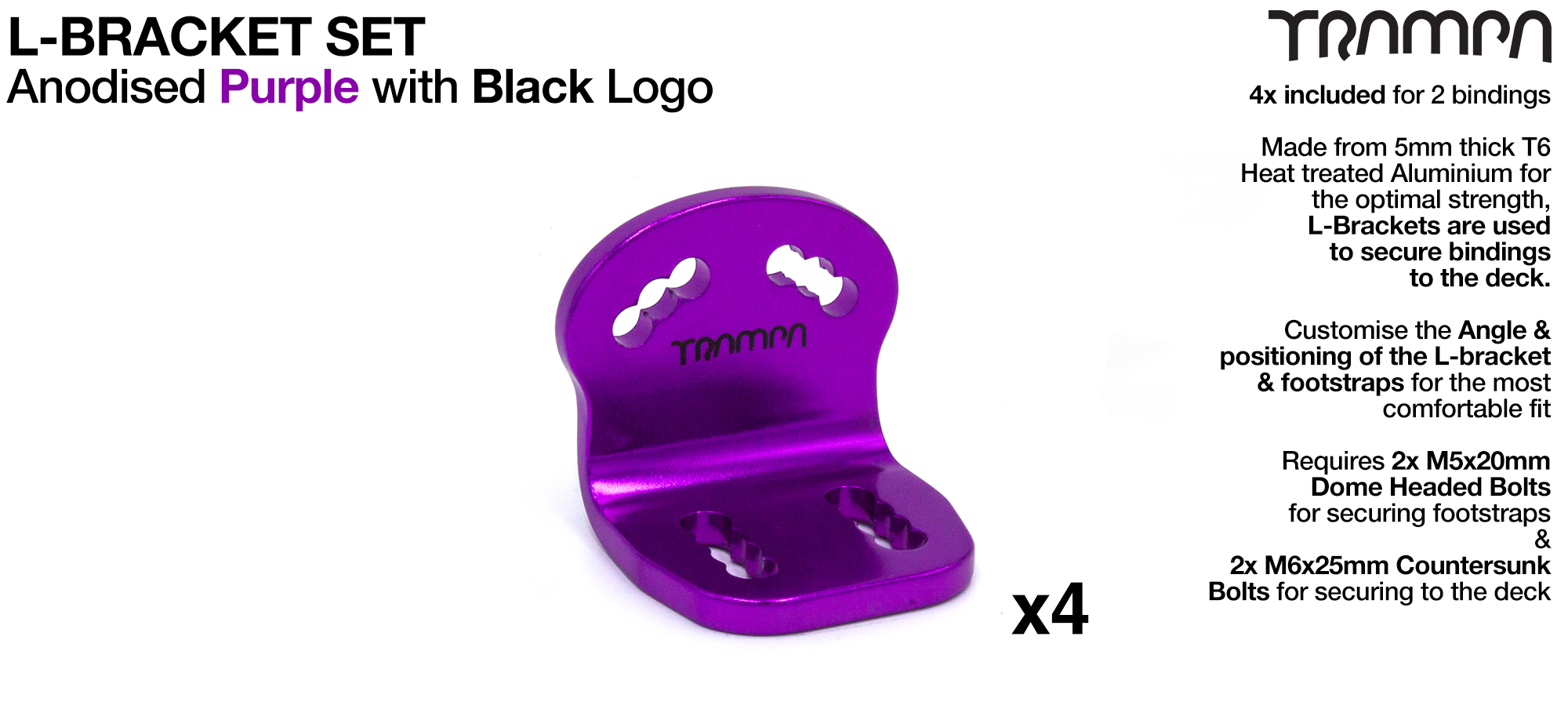 L Bracket - Anodised PURPLE with BLACK logo x4