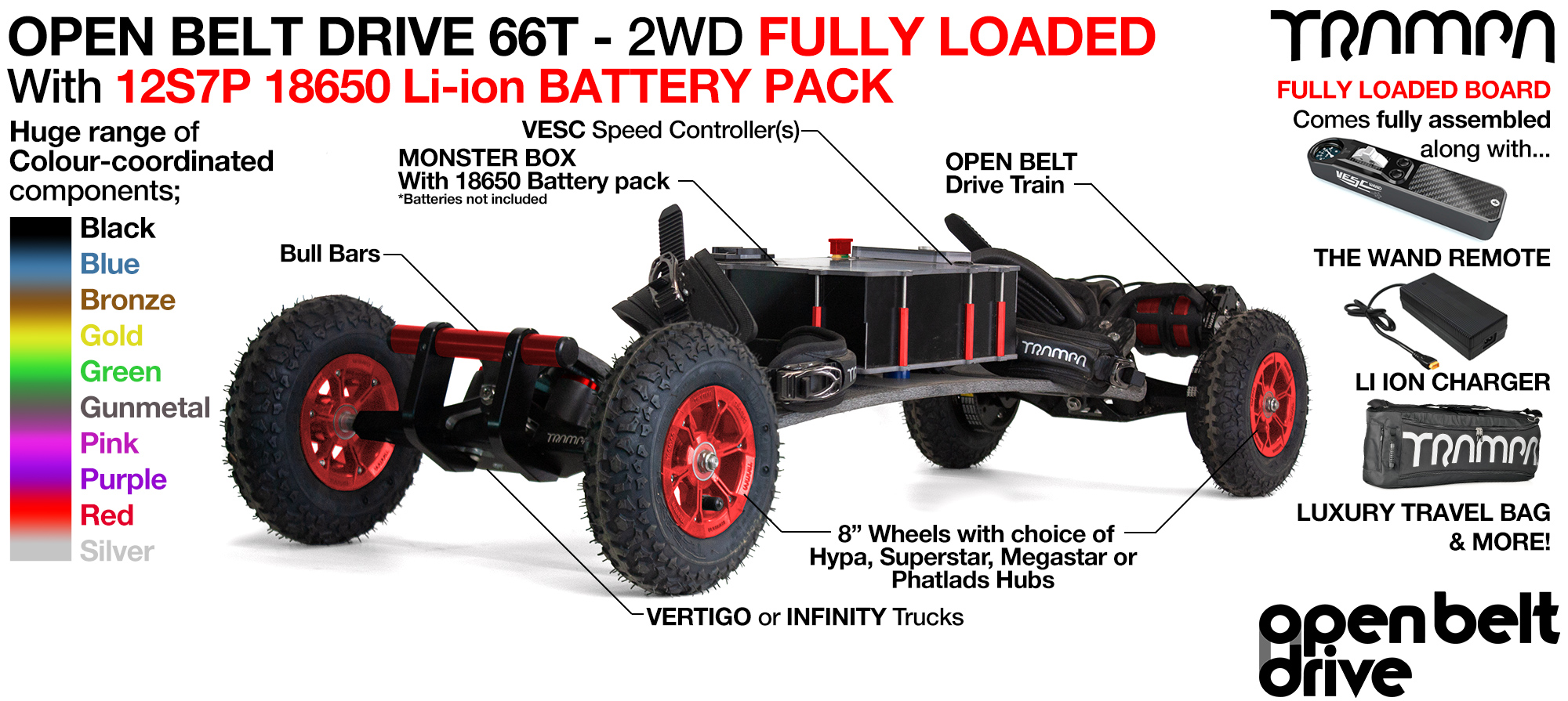 2WD 66T Open Belt Drive TRAMPA Electric Mountainboard with 8 Inch Wheels & 66 Tooth Pulleys - FULLY LOADED 18650 CELL Pack