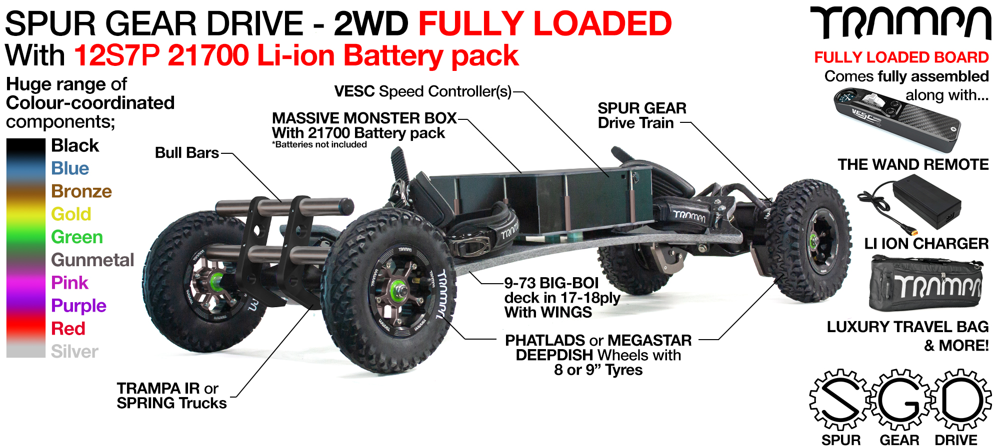 2WD SPUR GEAR DRIVE Electric Mountainboard - FULLY LOADED BigBoi Deck with 21700 Cell Pack, The WAND, a 12A Charger & Bull Bars all included, Shipped fully assembled in a Luxury Travel Bag as standard!! 
