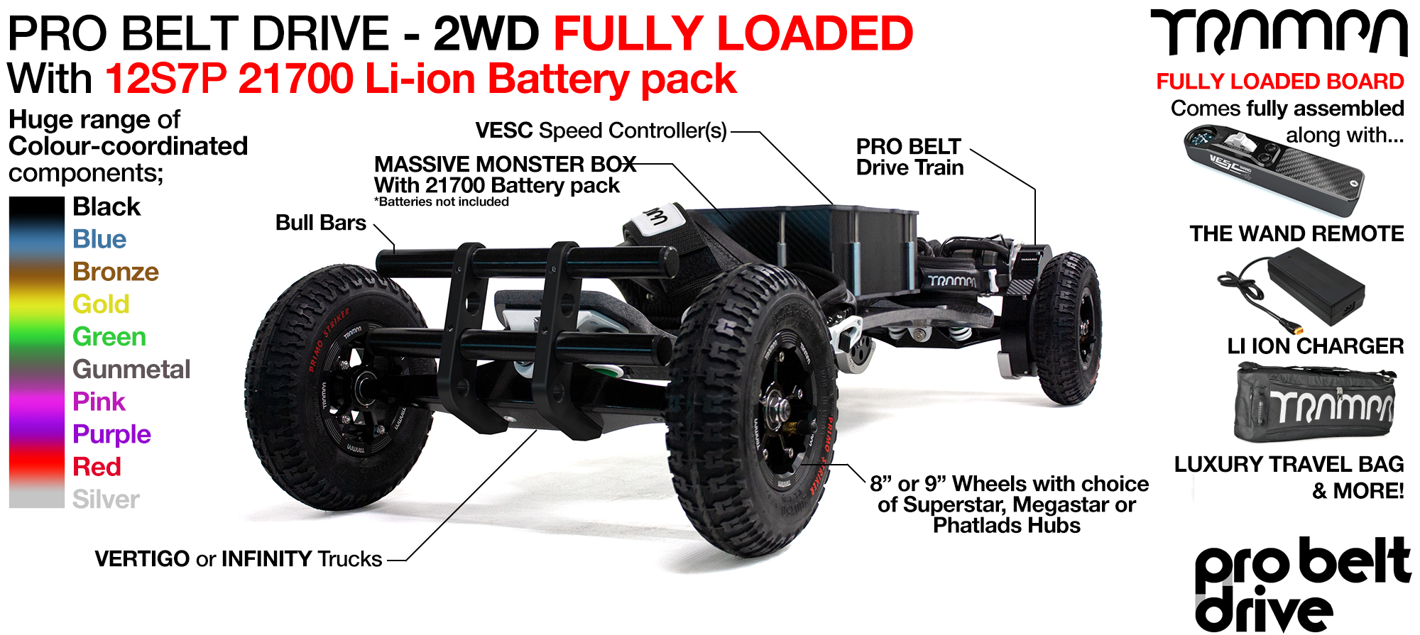 TRAMPA's 2WD 16mm PRO Belt Drive BigBoi FULLY LOADED Electric mountainboard with 21700 Cell Pack, 12s 12A Charger, The WAND, Bull Bars, sent FULY ASSEMBLED In a Luxury Travel Bag all as standard!! 