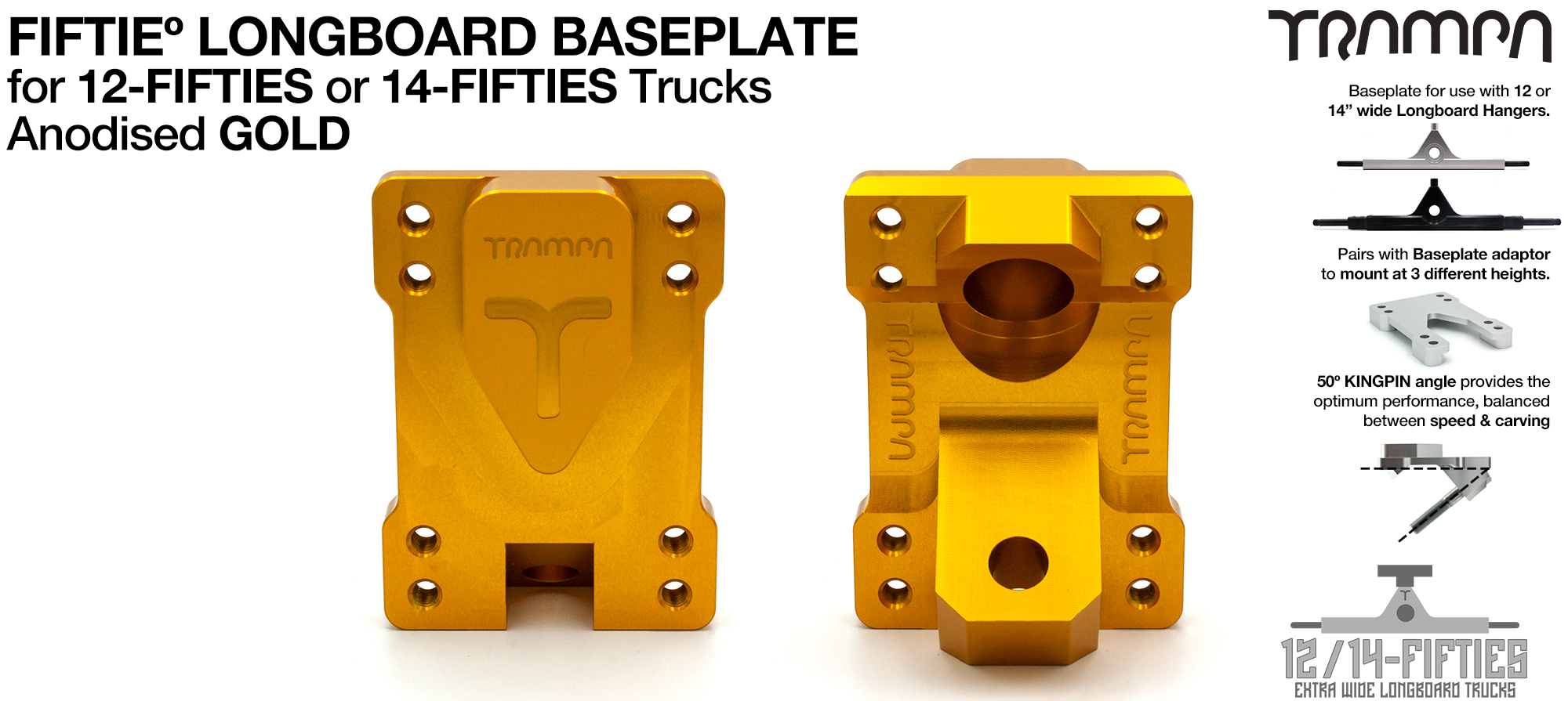TRAMPA 12 & 14Fifties Extra Wide Longboard Truck BASEPLATE - GOLD