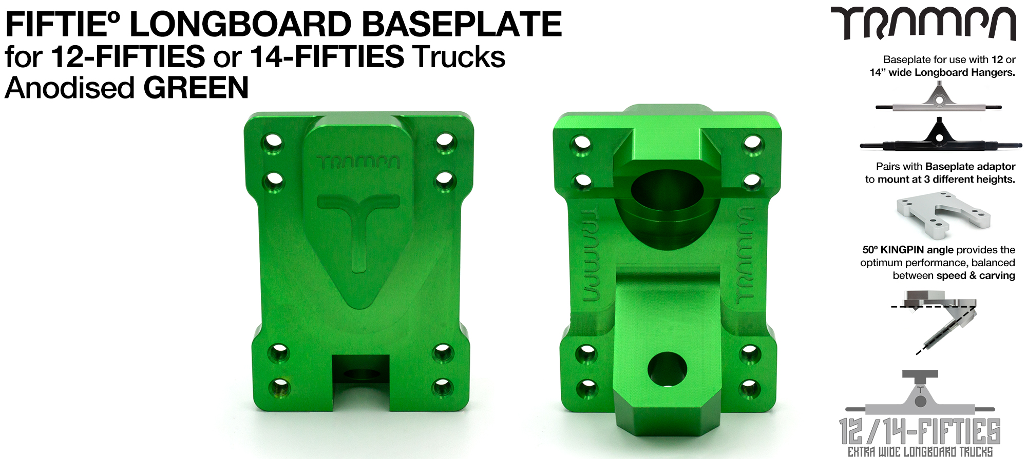 TRAMPA 12 & 14Fifties Extra Wide Longboard Truck BASEPLATE - GREEN