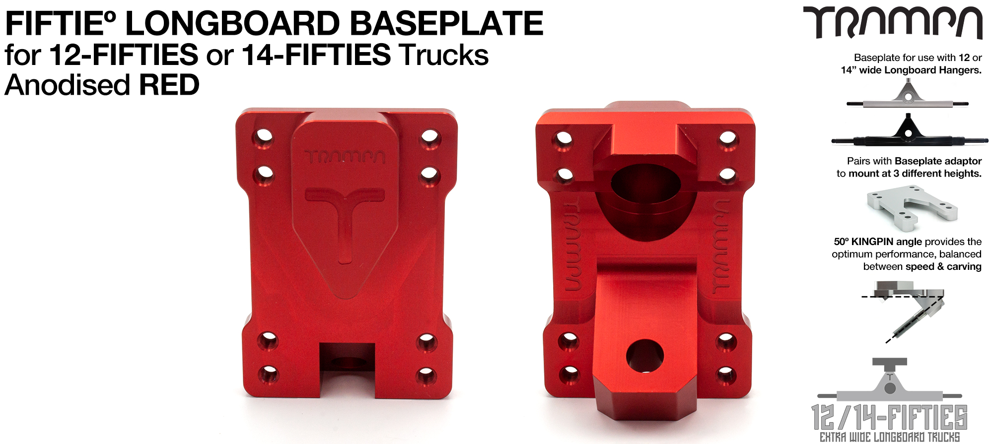 TRAMPA 12 & 14Fifties Extra Wide Longboard Truck BASEPLATE - RED