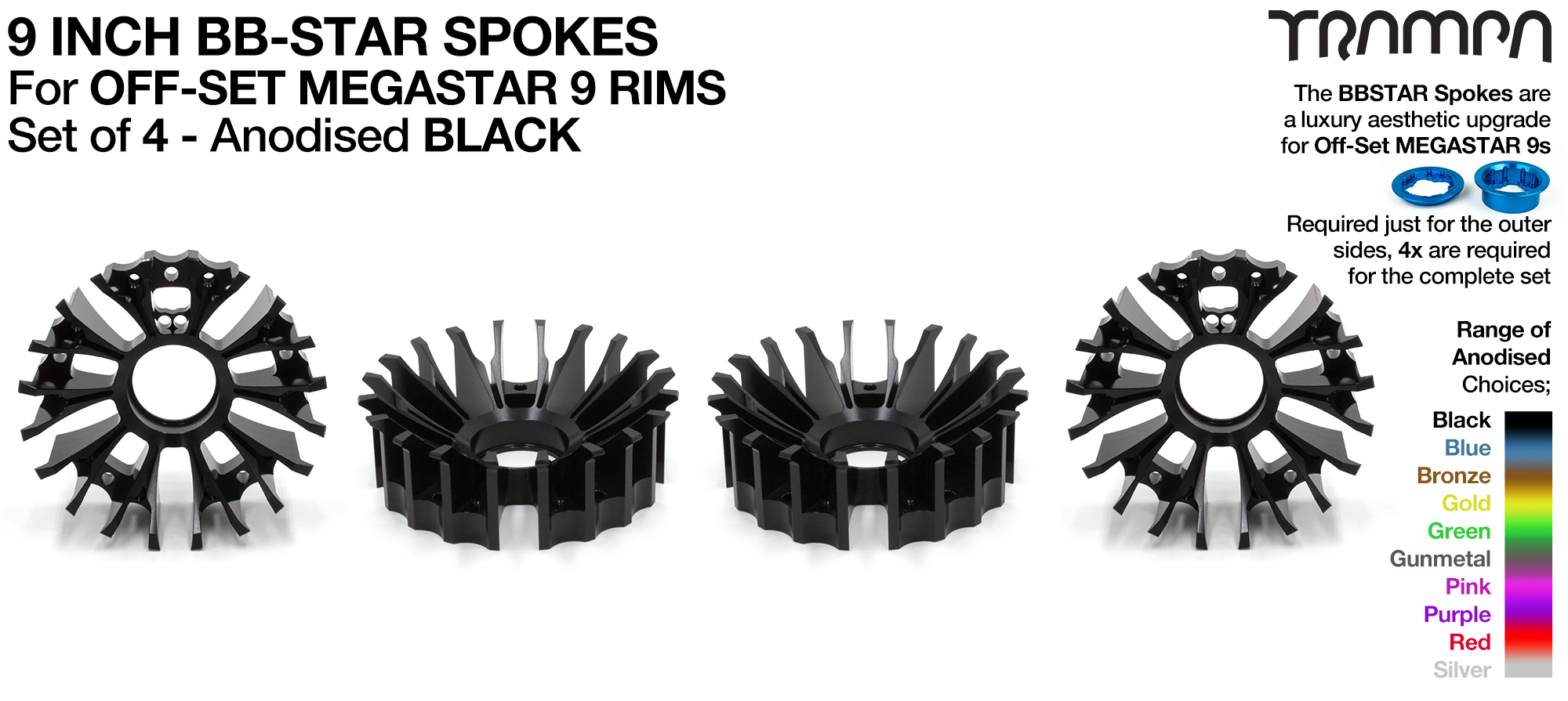 4x BBStar PHAT Spokes Only fits 3.75/4 Inch OFFSET MEGASTAR Rims - BLACK