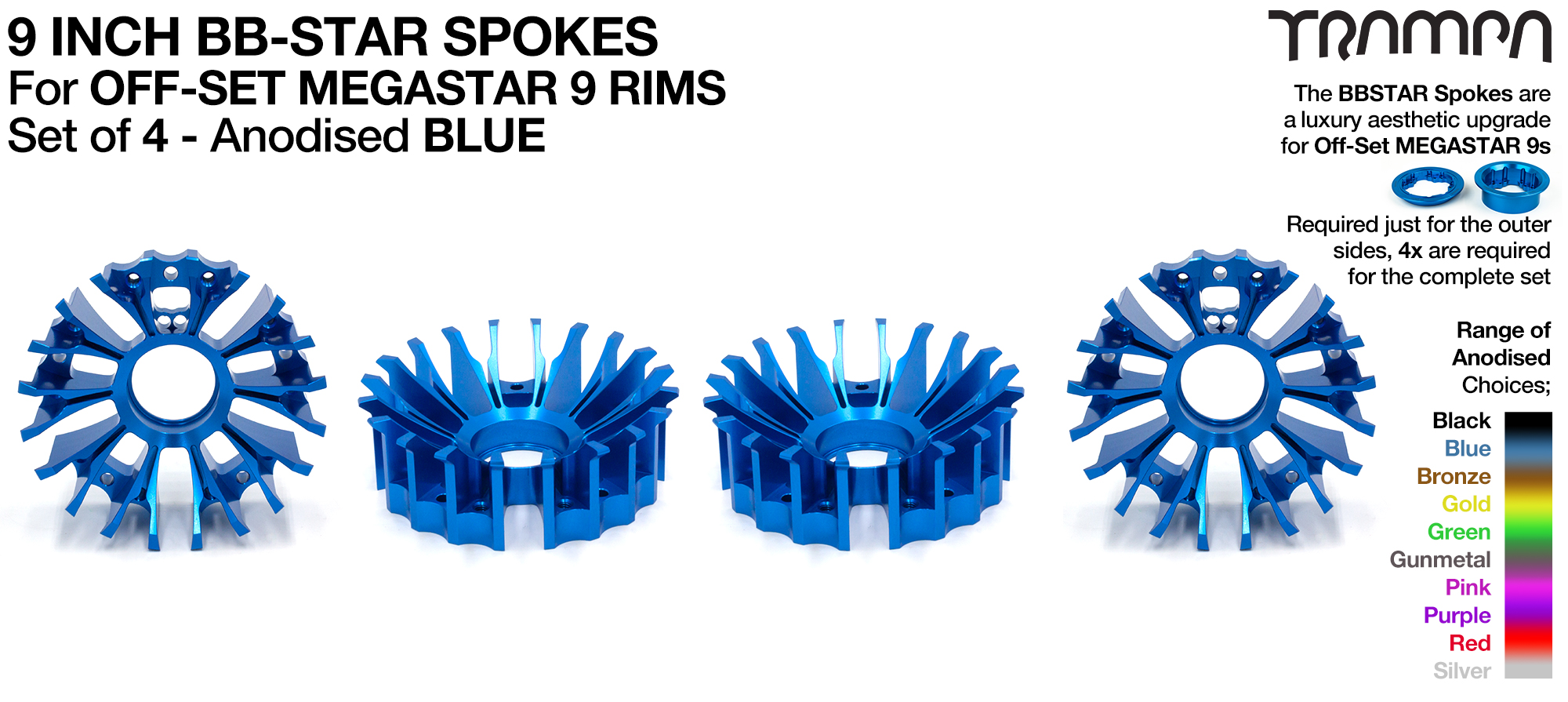 4x BBStar PHAT Spokes Only fits 3.75/4 Inch OFFSET MEGASTAR Rims - BLUE
