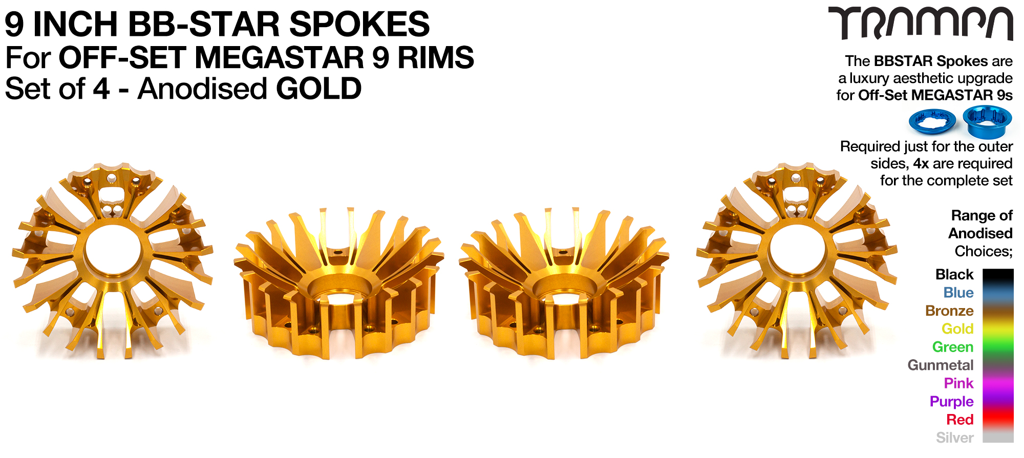 4x BBStar PHAT Spokes Only fits 3.75/4 Inch OFFSET MEGASTAR Rims - GOLD