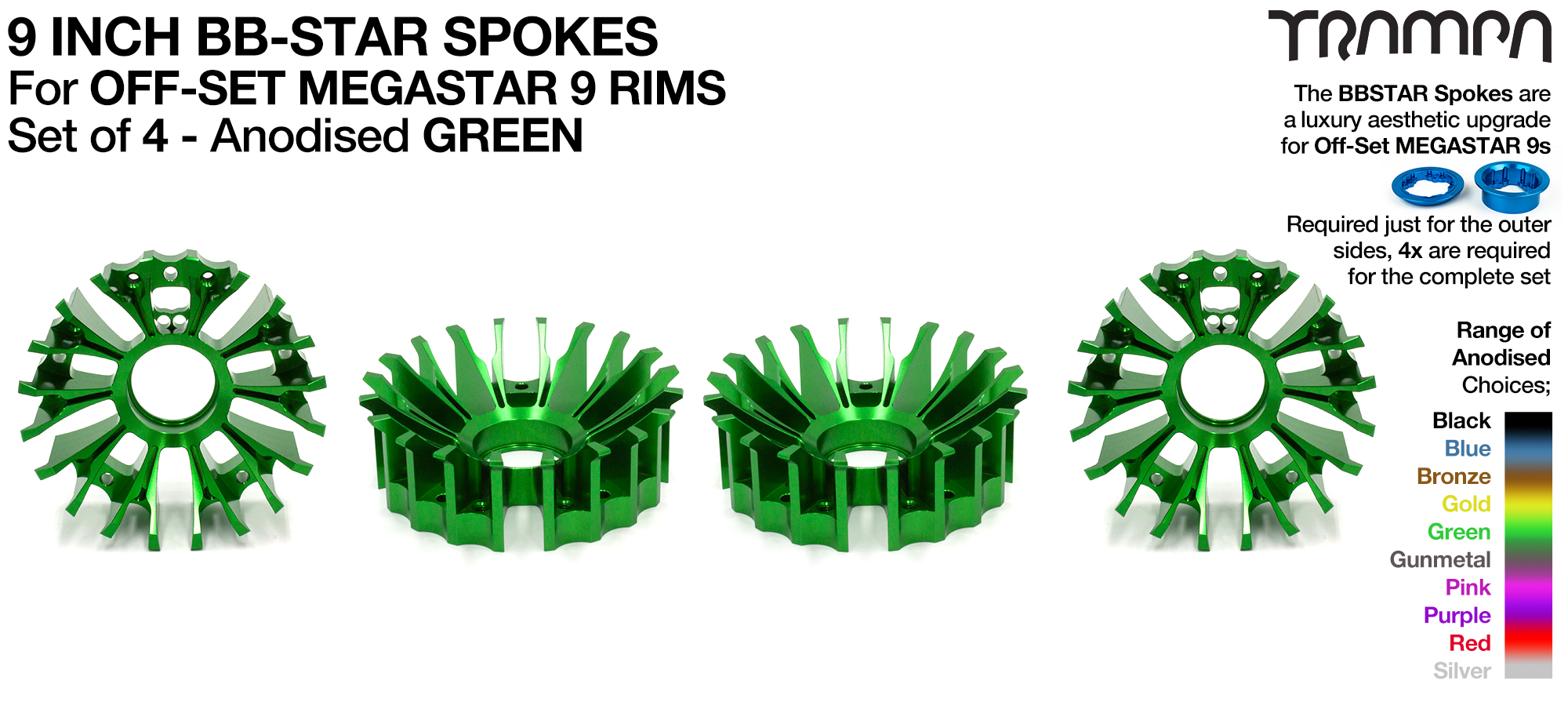 4x BBStar PHAT Spokes Only fits 3.75/4 Inch OFFSET MEGASTAR Rims - GREEN