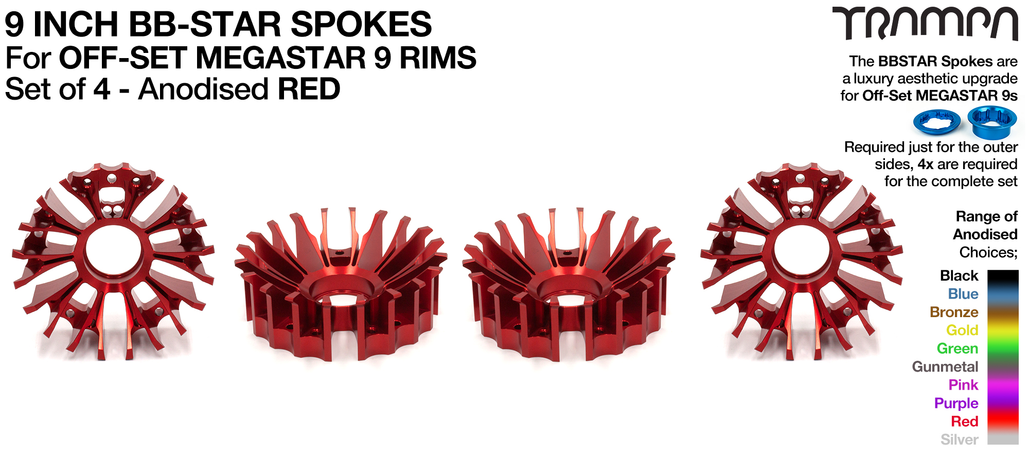 4x BBStar PHAT Spokes Only fits 3.75/4 Inch OFFSET MEGASTAR Rims - RED