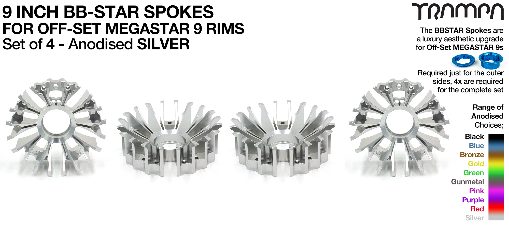 4x BBStar PHAT Spokes Only fits 3.75/4 Inch OFFSET MEGASTAR Rims - SILVER