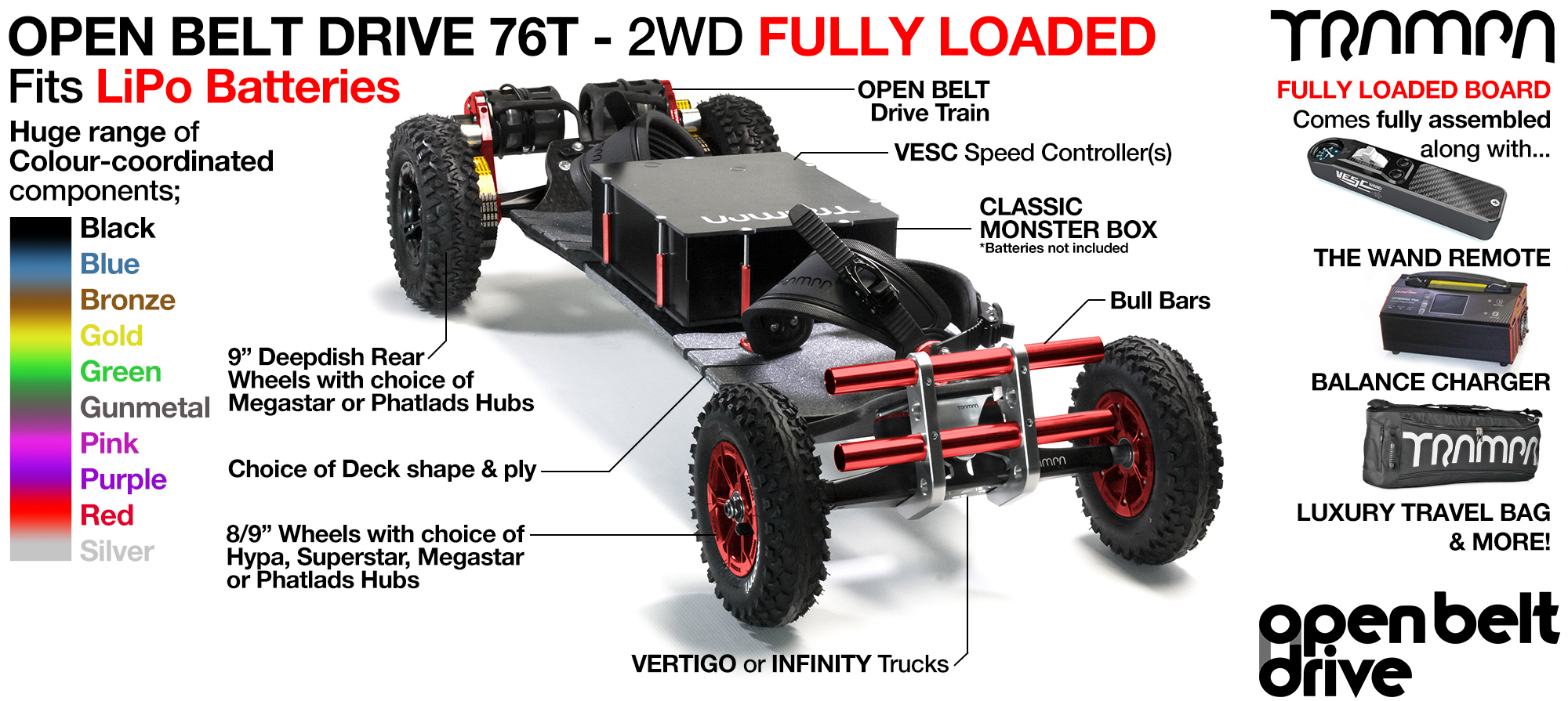 2WD 76T Open Belt Drive TRAMPA Electric Mountainboard with 9Inch Wheels & 76 Tooth Pulleys - FULLY LOADED Li-Po