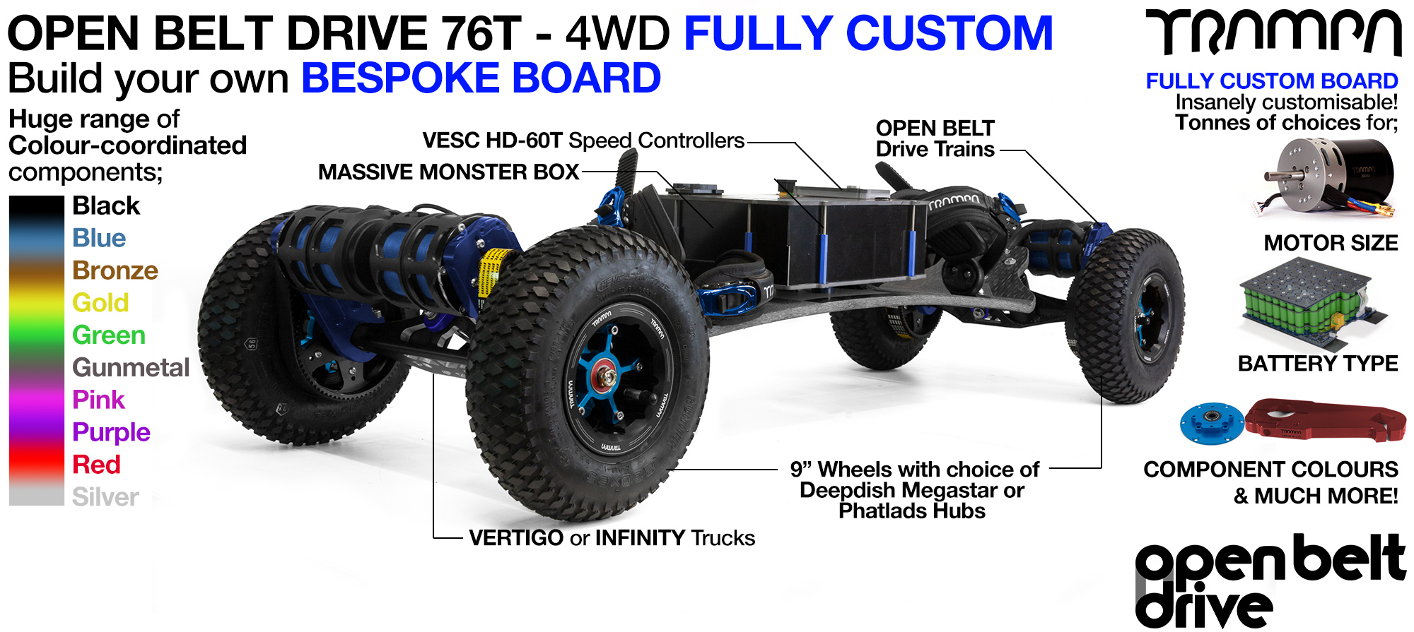 4WD 76T Open Belt Drive TRAMPA Electric Mountainboard with 9Inch Wheels & 76 Tooth Pulleys - CUSTOM 