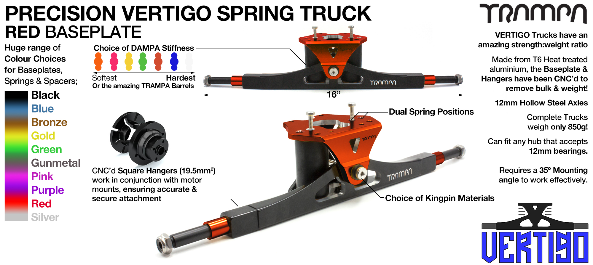 PRECISION CNC VERTIGO Truck RED - 12mm Hollow Axles with Anodised RED CNC baseplate & Steel Kingpin TRAMPA Spring Trucks 